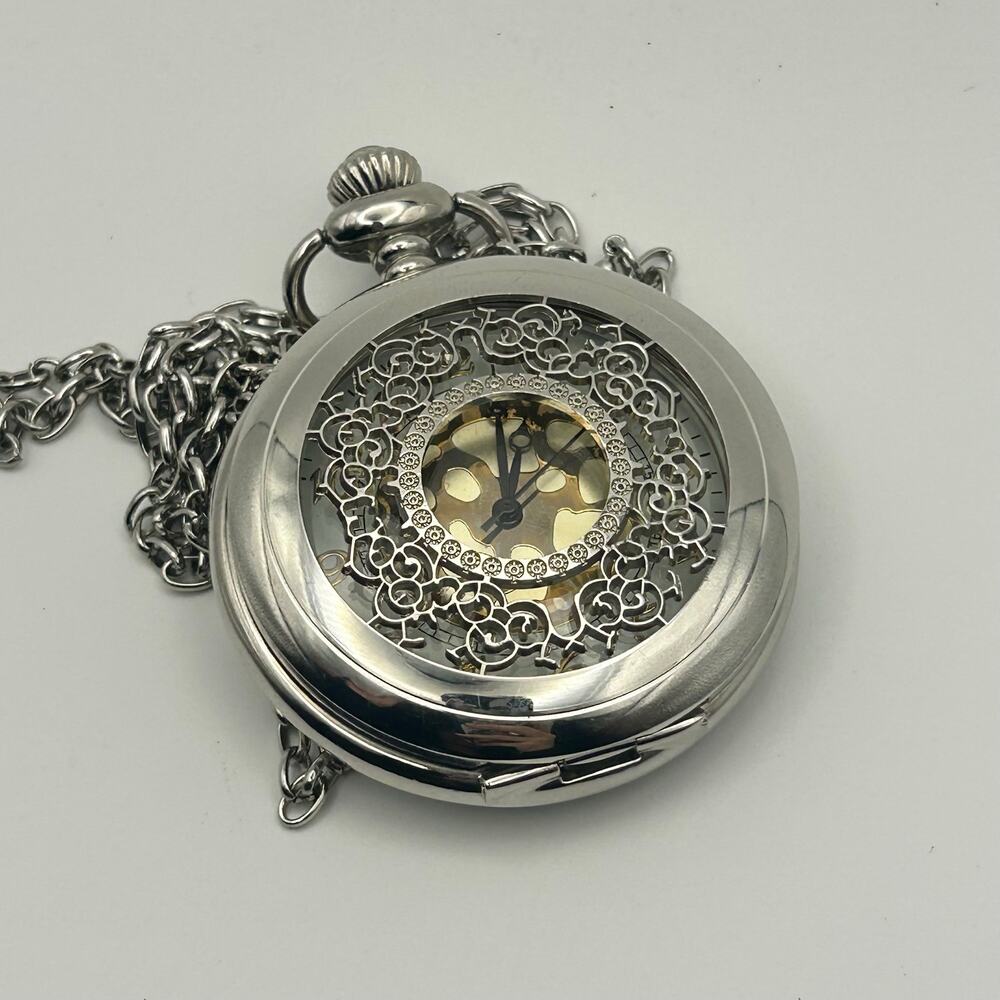 Open Center Silver Tone Vintage Style Pocket Watch Necklace Working New Battery - Picture 2 of 7